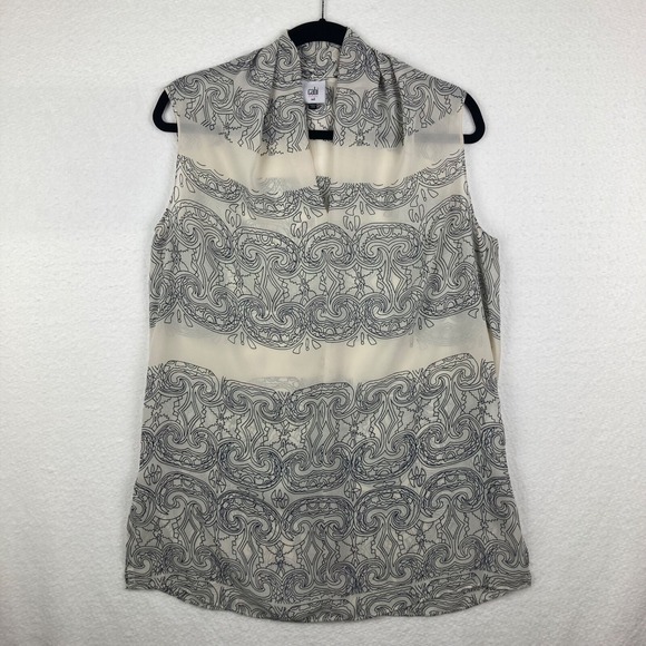 CAbi Tops - CAbi #3091 Scrollwork Sleeveless Tunic Top Size medium Cream Black Split Neck